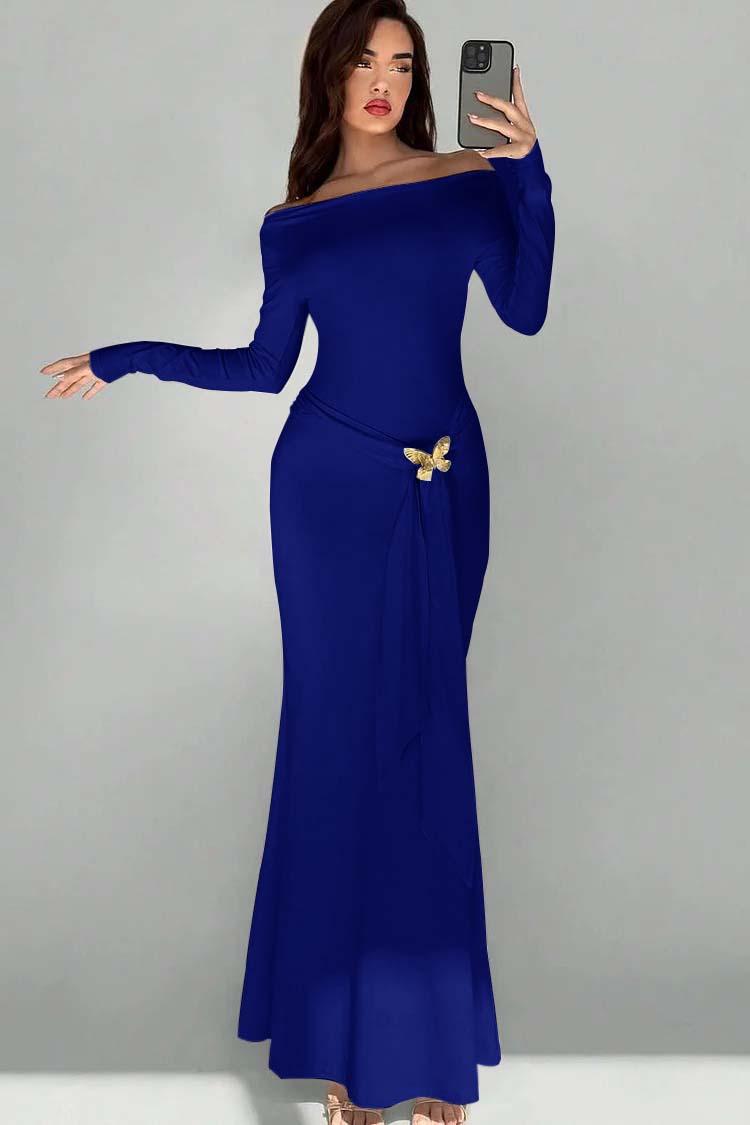 Off the Shoulder Long Sleeves Long Mermaid Prom Dress With Appliques BMBRIDE