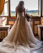 Sweetheart Backless Train A-Line Wedding Dress with Tulle and Floral Lace BM bride