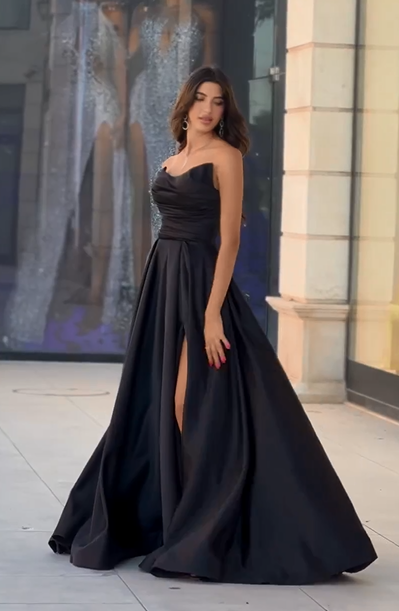 Beautiful Prom Dress Black Sleeveless Strapless Christmas Sale with Slit Gown BM bride