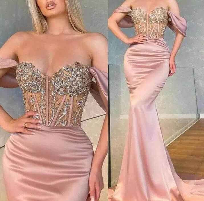 Chic Sweetheart Long Off the Shoulder Mermaid Long Prom Dress With Beadings