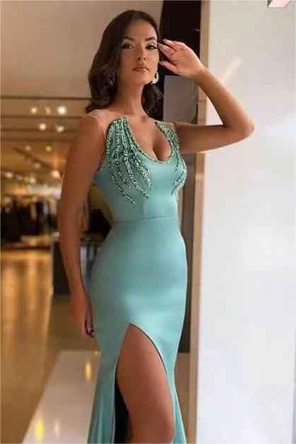 Glamorous High Waist Beadings Mermaid Sleeveless Long Prom Dress With Side Split
