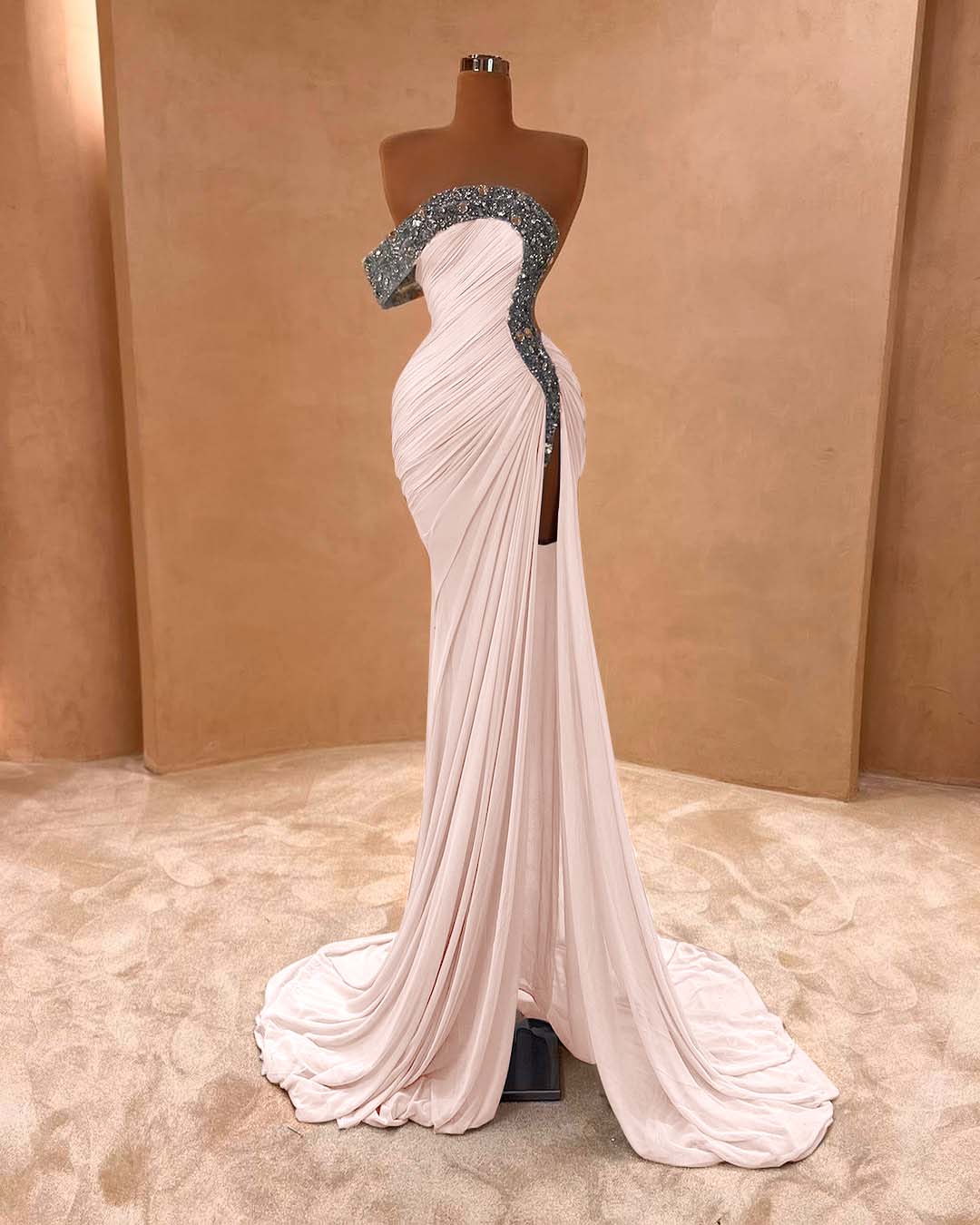 One Shoulder Sleeveless Long Split Prom Dress With Pleated Sequins BMBRIDE