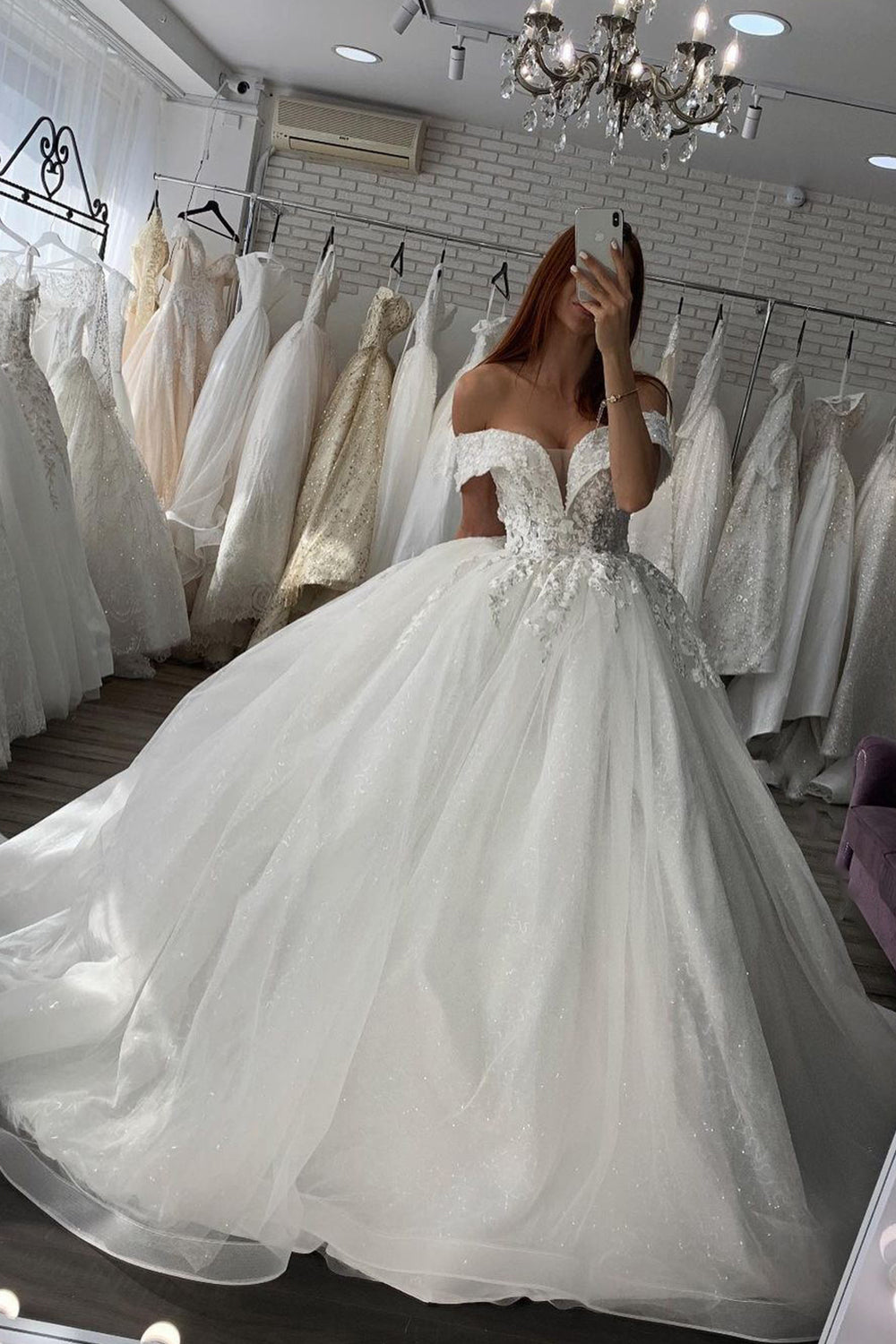 Shiny Lace Sweetheart Off The Shoulder Ball Gown Wedding Dress with Sparkling Touch BM bride
