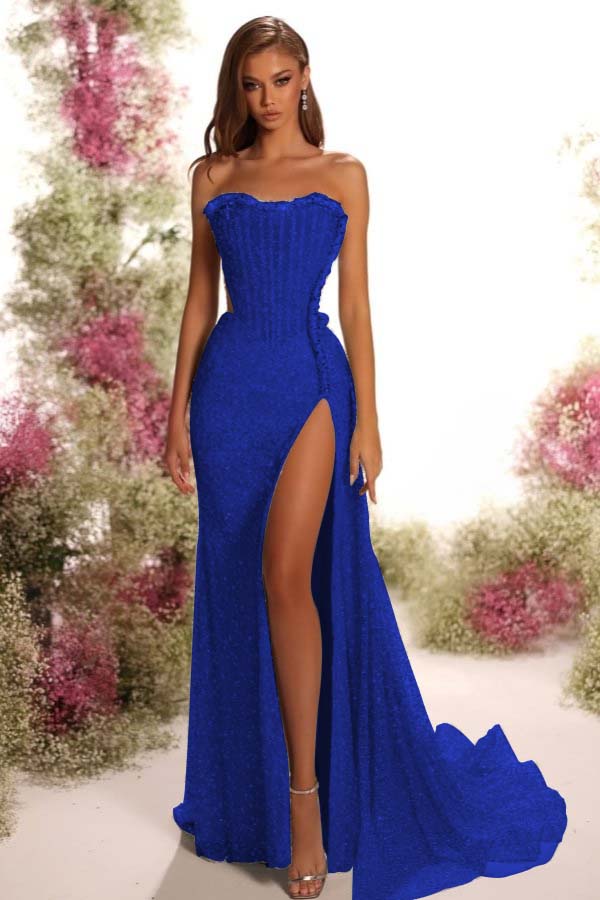 Strapless Sleeveless Long Split Prom Dress With Pleated Sequins BMBRIDE