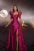 Bubble Sleeves Square Neck Long Mermaid Prom Dress With Split Pleated