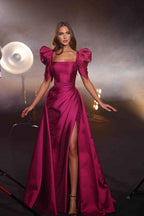 Bubble Sleeves Square Neck Long Mermaid Prom Dress With Split Pleated