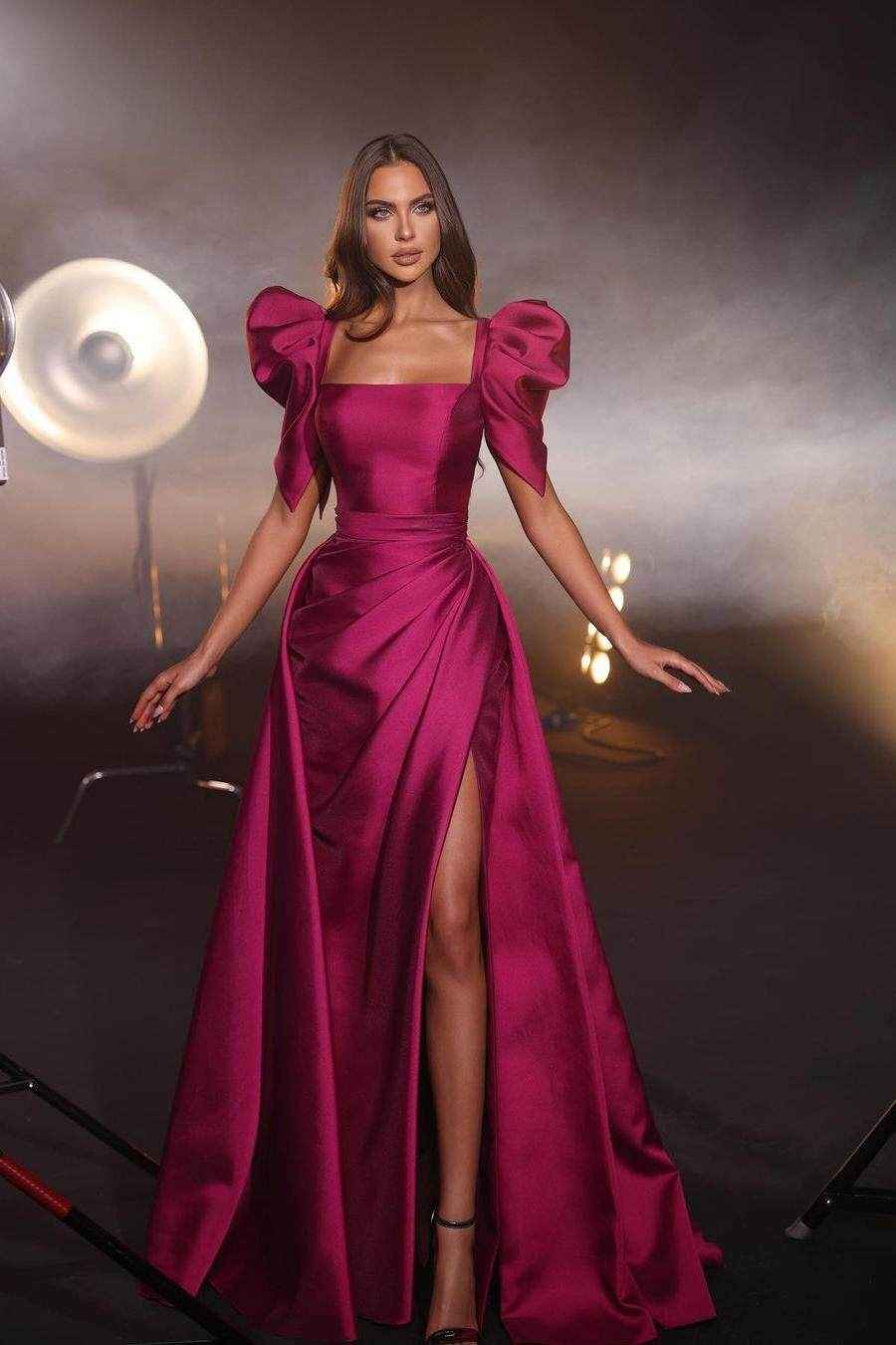Bubble Sleeves Square Neck Long Mermaid Prom Dress With Split Pleated