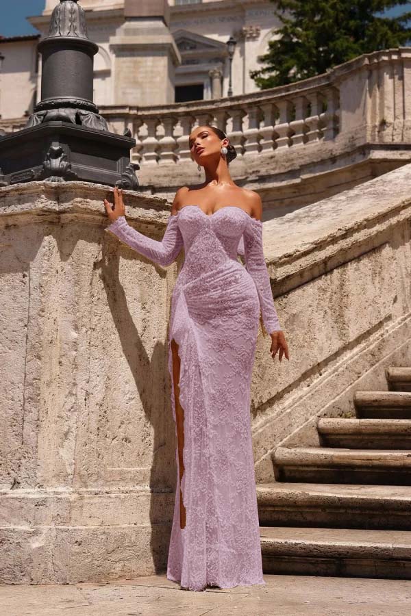 Off the Shoulder Long Sleeves Long Mermaid Prom Dress With Lace Appliques BMBRIDE