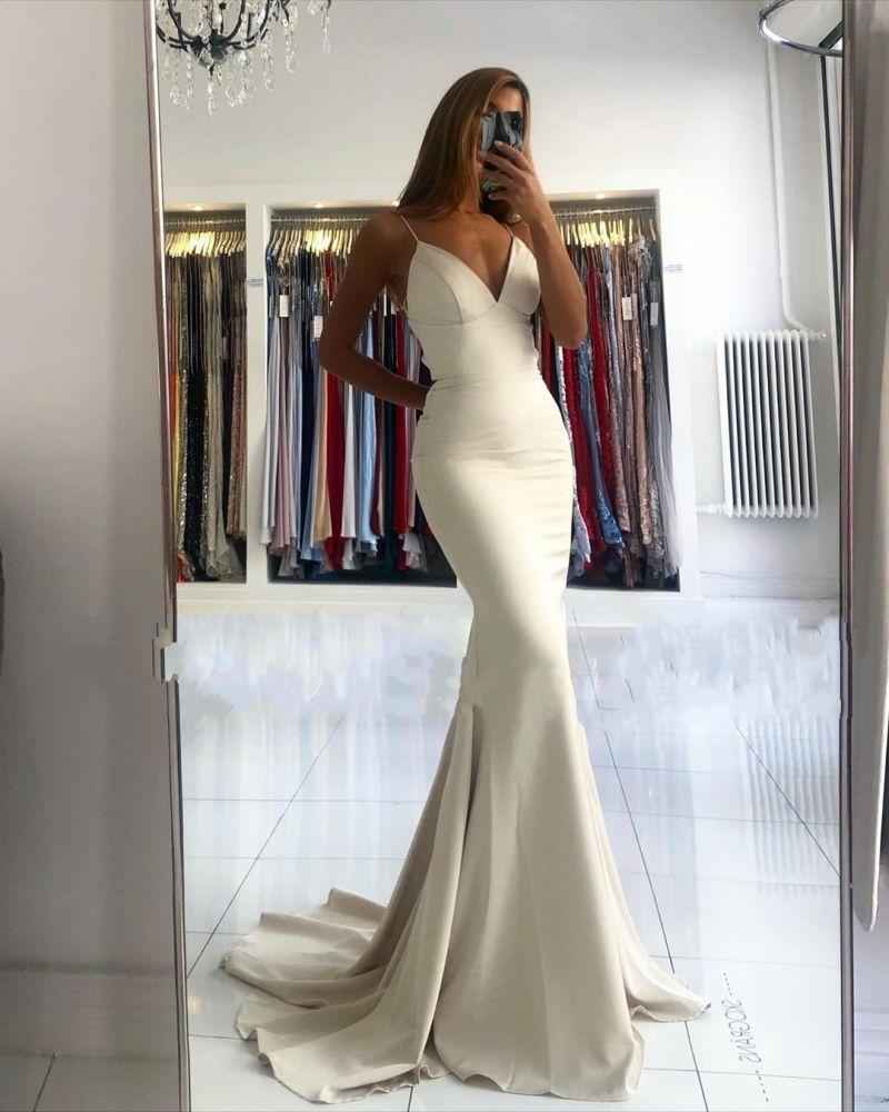 Spaghetti Strap Backless Sleeveless V Neck Long Pleated Mermaid Prom Dress