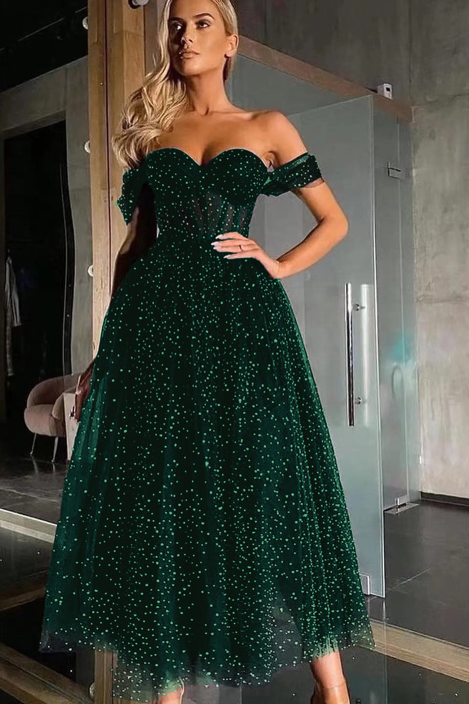 Black Off-the-Shoulder Sweetheart A-Line Tulle Beaded Prom Dress BM bride