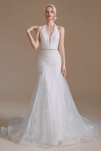 Elegant Long Mermaid Halter Tulle Floor-Length Wedding Dress with Lace Appliques BM bride