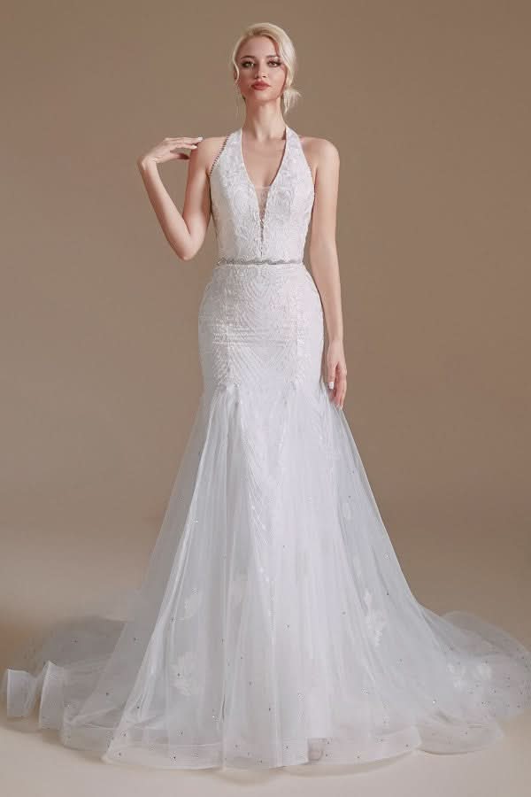 Elegant Long Mermaid Halter Tulle Floor-Length Wedding Dress with Lace Appliques BM bride