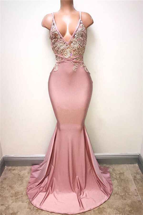 Spaghetti Strap Sleeveless Pink Long Mermaid Prom Dress With Lace Appliques
