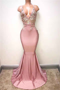 Spaghetti Strap Sleeveless Pink Long Mermaid Prom Dress With Lace Appliques