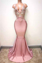 Spaghetti Strap Sleeveless Pink Long Mermaid Prom Dress With Lace Appliques