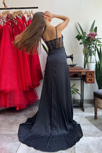 Black Sleeveless Long Prom Dress With Split V Neck With Pleated