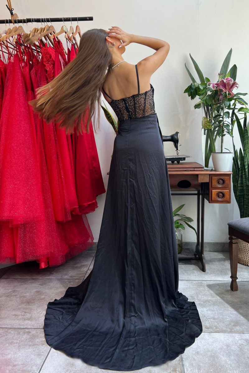 Black Sleeveless Long Prom Dress With Split V Neck With Pleated