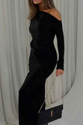 Glamorous Black One Shoulder Long Sleeves Long Prom Dress Online With Pleated