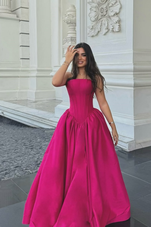 Chic Sleeveless Strapless Long A Line Prom Dress With Pleated BMBRIDE