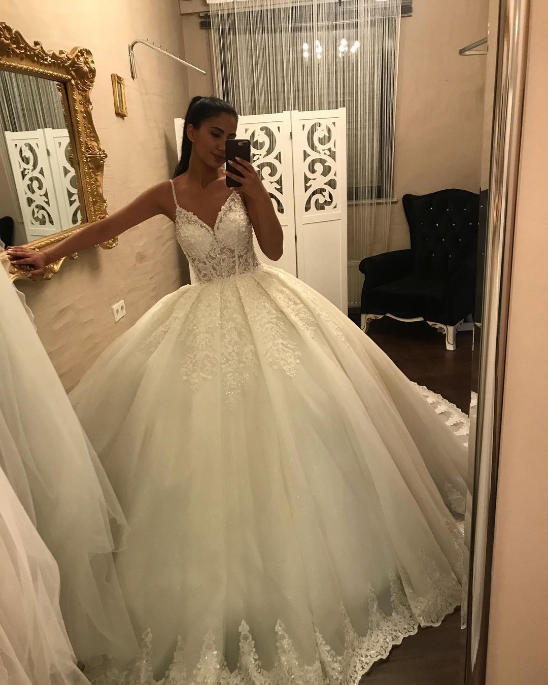 Spaghetti Strap V-Neck Floor-Length Ball Gown Wedding Dress with Lace and Tulle Appliques BM bride