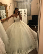 Spaghetti Strap V-Neck Floor-Length Ball Gown Wedding Dress with Lace and Tulle Appliques BM bride