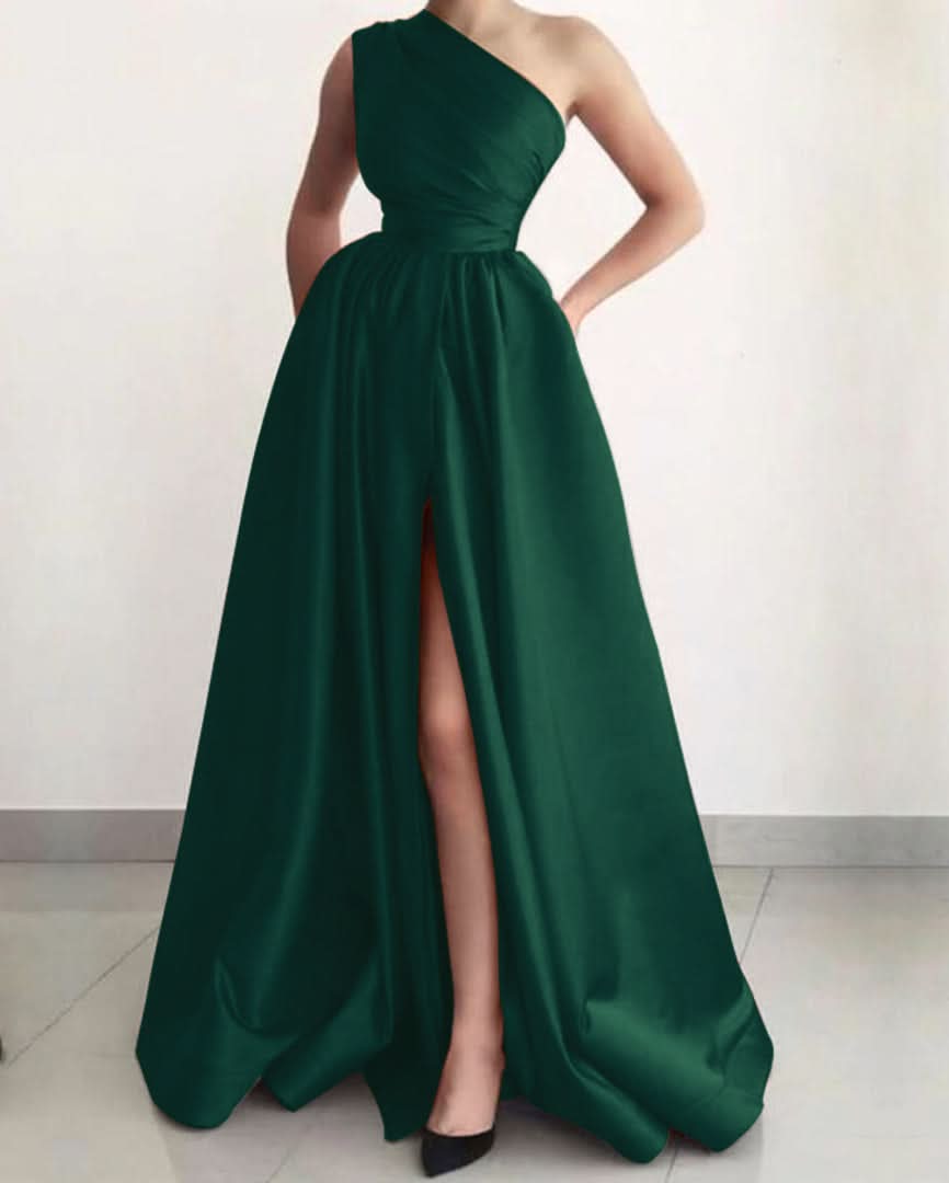Burnt Orange One Shoulder Elegant Prom Dress A-Line Split with Pockets BM bride