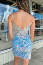 Glitter Lilac Corset Sequins Tight Short Homecoming Dress with Appliques Bmbride