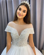 Elegant A-Line Bateau Neck Crystal Train Wedding Dress with Sequins and Tulle BM bride