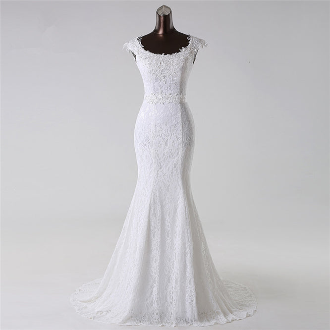 Jewel Neck Long Mermaid Lace Wedding Dress with Appliques BM bride