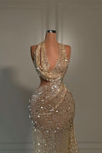 Sexy Long Sequined V Neck Evening Dress with Halter BM bride