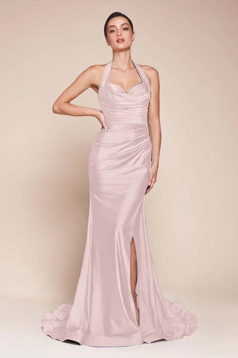 Halter Sleeveless Split Mermaid Long Prom Dress With Pleated BMBRIDE