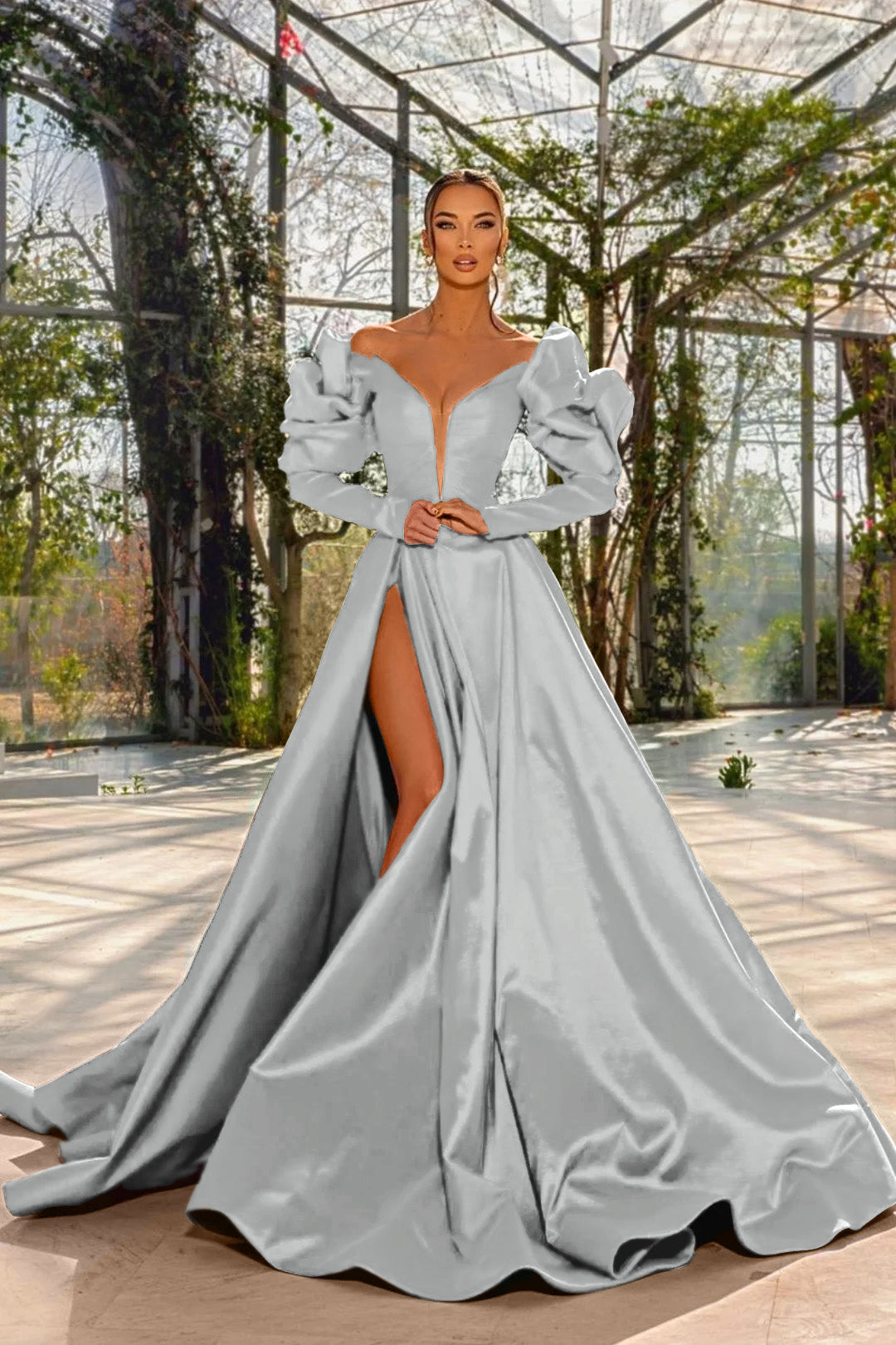 Sexy Prom Dress Red V Neck Bubble Long Sleeves With High Split BMBRIDE