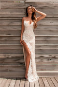 Lace Spaghetti-Strap Prom Dress with Women Evening Dress and Slit BM bride
