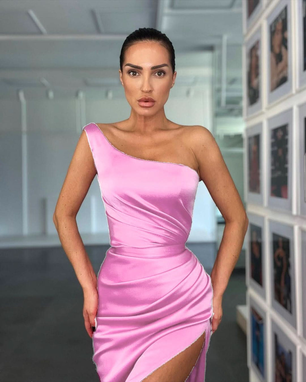 Elegant Rose One Shoulder Evening Dress with Sleeveless and Slit BM bride