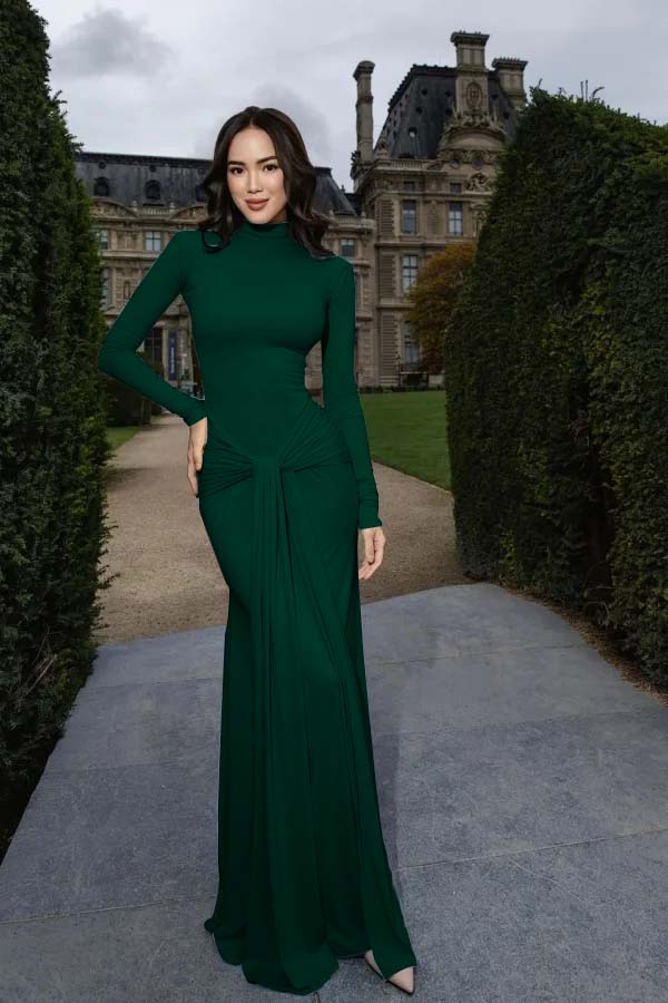 High Neck Long Sleeves Long Mermaid Prom Dress With Pleated BMBRIDE