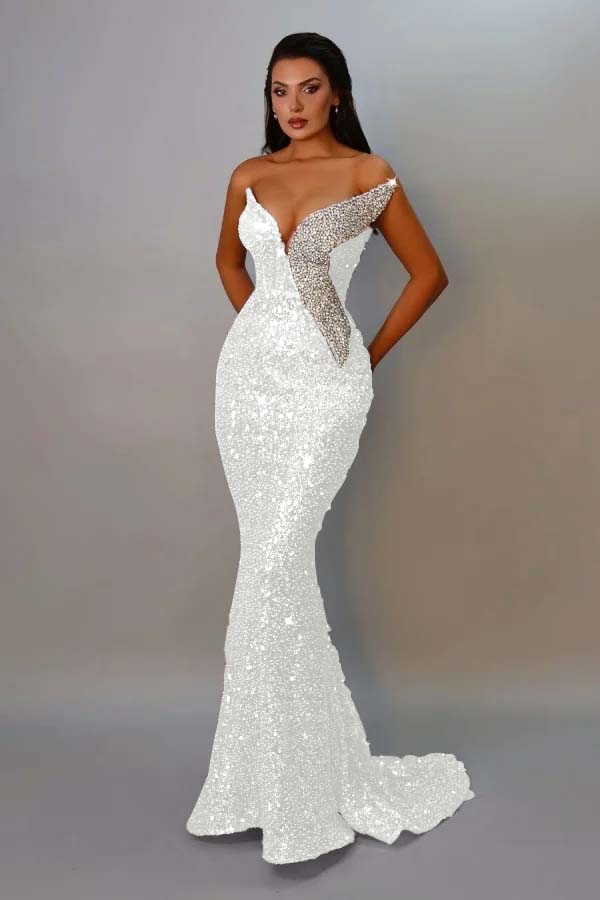 Sequins Strapless Sleeveless Long Mermaid Prom Dress With Pleated