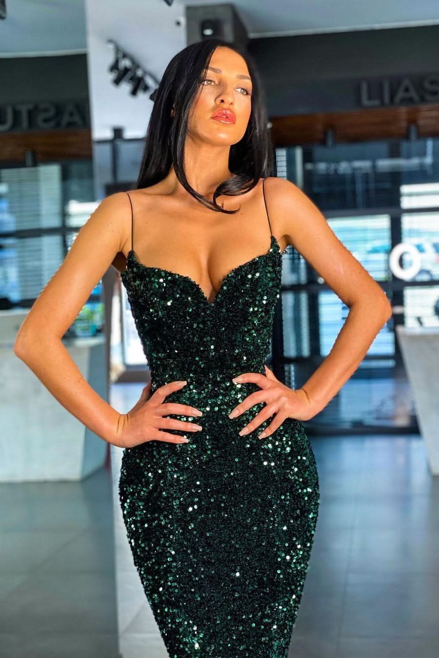 Dark Green Sequin Mermaid Prom Dress BM bride