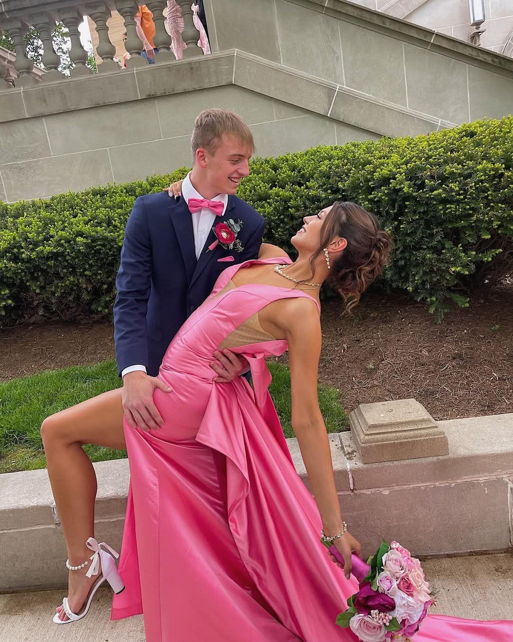 Sweet Mermaid V Neck Pink Satin Long Prom Dress with Big Bow BM bride