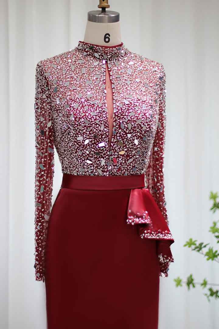 Red Jewel Neck Mermaid Prom Dress Long Sleeves With Sparkle Sequins