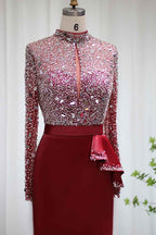 Red Jewel Neck Mermaid Prom Dress Long Sleeves With Sparkle Sequins