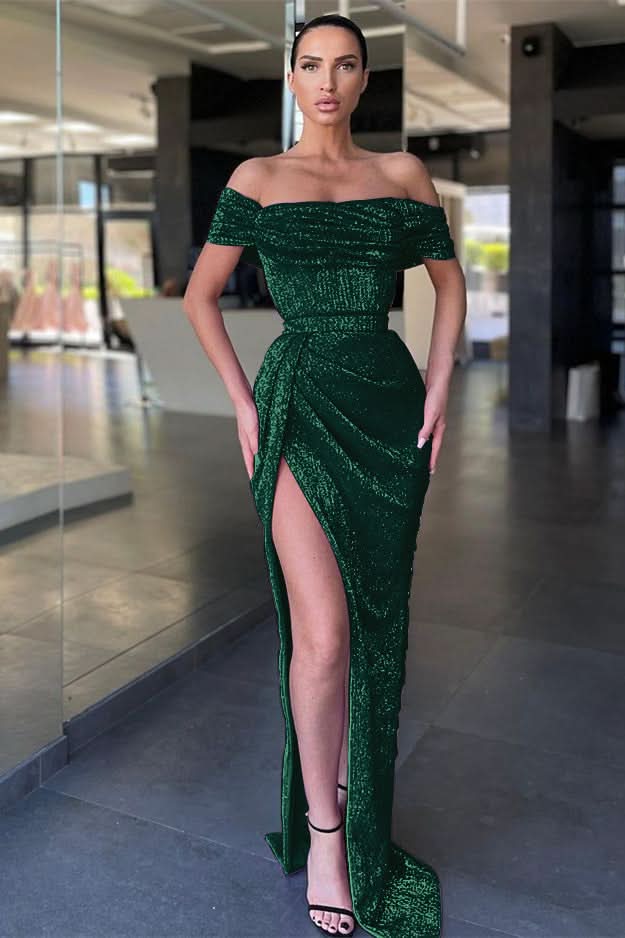 Lilac Off-The-Shoulder Split Mermaid Prom Dress with Sequins BM bride