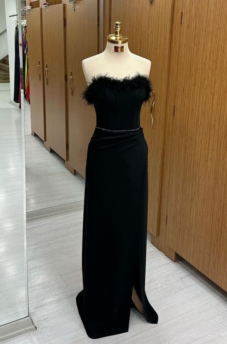 Black Strapless Sleeveless Feathered Sequined Long Mermaid Prom Dress BM bride
