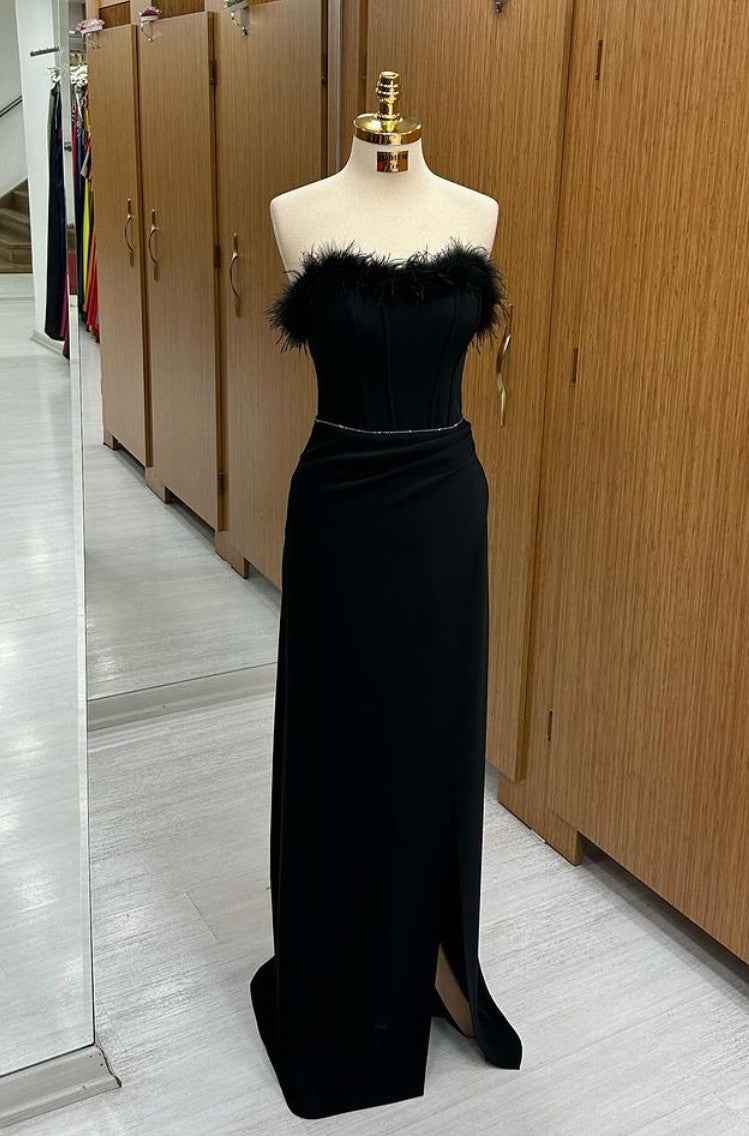 Mermaid Prom Dress Long Black Feather Sequins Sleeveless Strapless