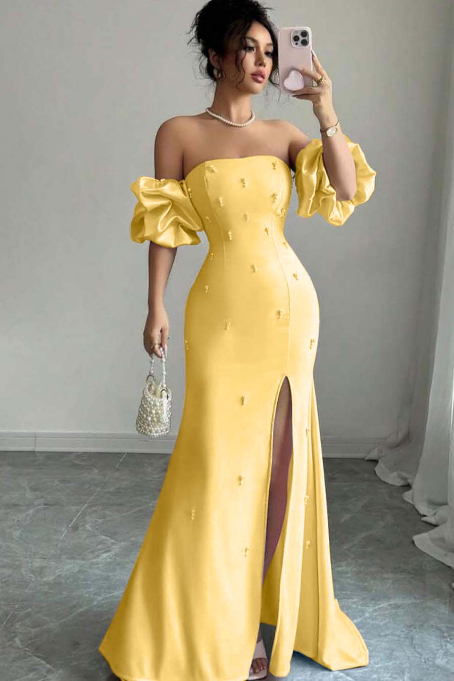 Strapless Bubble Sleeves Long Split Prom Dress With Beading BMBRIDE