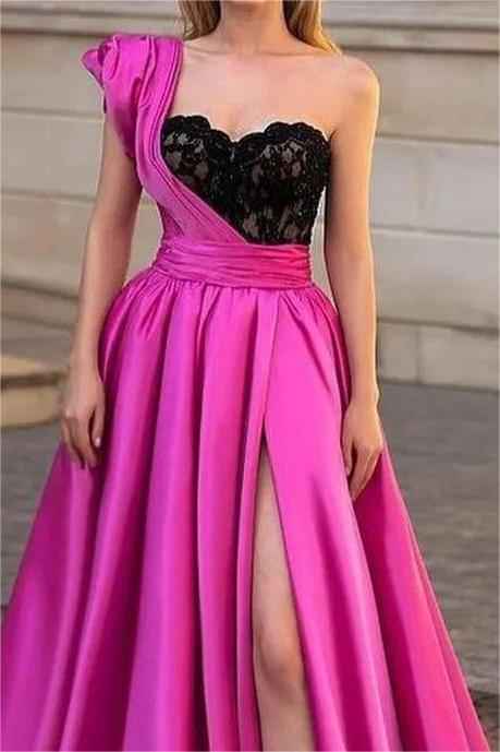 Chic Fuchsia One Shoulder Sweetheart Sleeveless A Line Prom Dress With Split