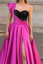 Chic Fuchsia One Shoulder Sweetheart Sleeveless A Line Prom Dress With Split