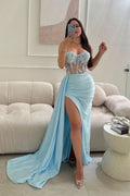Baby Blue Sleeveless Prom Dress Long Lace Beaded Split BM bride