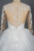 A-Line V-neck Hi-Lo Wedding Dress Open Back Ruffles Tulle With Appliques Lace BM bride