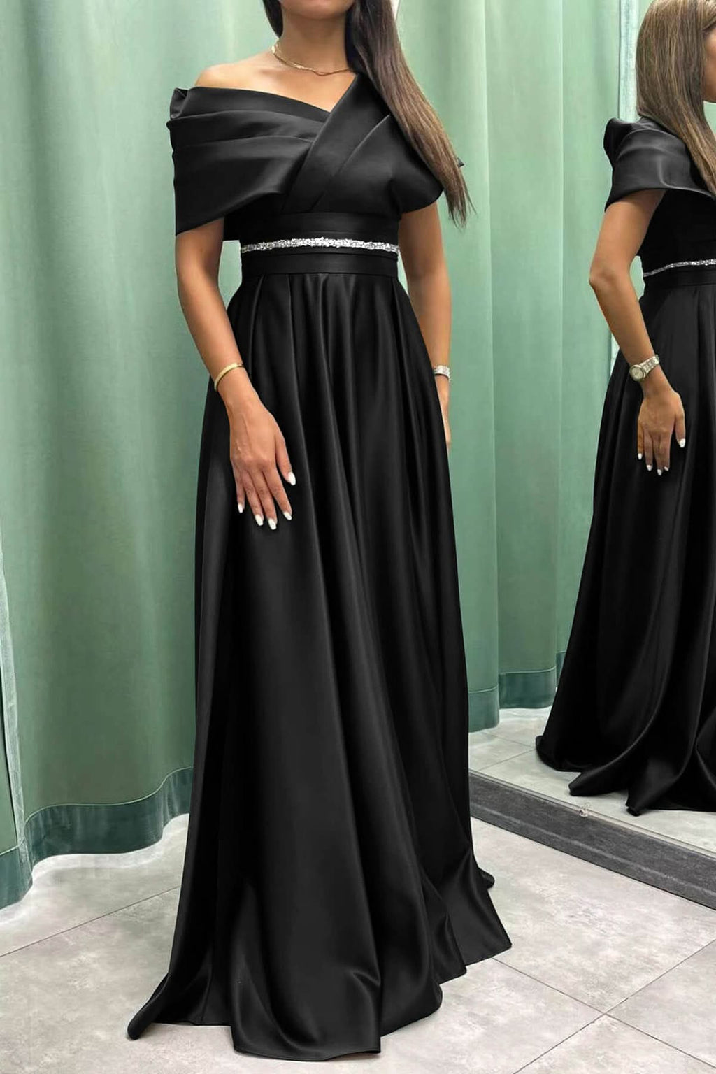 Elegant Off-the-Shoulder Long Pleated Evening Dress On Sale BM bride