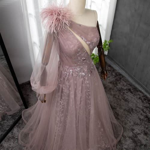 Extreme Pink Sexy One-Shoulder Feather Elegant Evening Dress BM bride